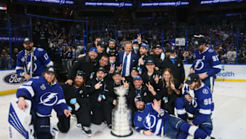 TAMPA, FLORIDA - JULY 07: The Tampa Bay Lightning celebrate after defeating the Montreal Canadiens 1-0 in Game Five to win the 2021 NHL Stanley Cup Final at Amalie Arena on July 07, 2021 in Tampa, Florida. (Photo by Bruce Bennett/Getty Images)