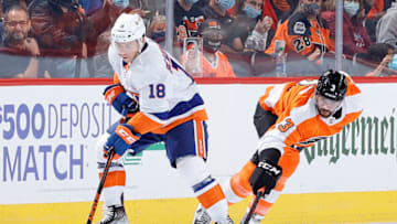 PHILADELPHIA, PENNSYLVANIA - SEPTEMBER 28: Anthony Beauvillier #18 of the New York Islanders is defended by Keith Yandle #3 of the Philadelphia Flyers during the second period at Wells Fargo Center on September 28, 2021 in Philadelphia, Pennsylvania. (Photo by Tim Nwachukwu/Getty Images)