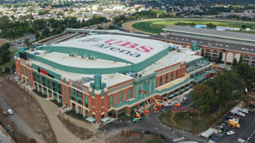 ELMONT, NEW YORK - OCTOBER 07: An aerial view of the UBS Arena as construction continues on October 07, 2021 in Elmont, New York. The arena will be the new home for the New York Islanders and is slated to open in November, 2021. (Photo by Bruce Bennett/Getty Images)