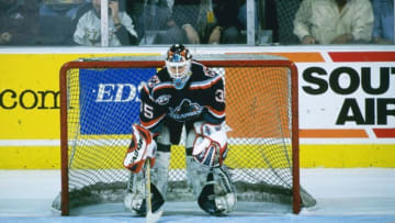 2 Apr 1997: Goaltender Tommy Salo of the New York Islanders looks on during a game against the Dallas Stars at the Reunion Arena in Dallas, Texas. The Stars won the game, 5-4. Mandatory Credit: Stephen Dunn /Allsport