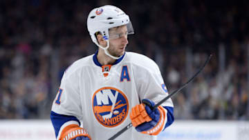 LOS ANGELES, CA - NOVEMBER 06: Frans Nielsen #51 of the New York Islanders before a faceoff during the game against the Los Angeles Kings at Staples Center on November 6, 2014 in Los Angeles, California. (Photo by Harry How/Getty Images)