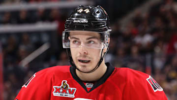 OTTAWA, ON - APRIL 21: Jean-Gabriel Pageau #44 of the Ottawa Senators looks on during a stoppage in play against the Boston Bruins in Game Five of the Eastern Conference First Round during the 2017 NHL Stanley Cup Playoffs at Canadian Tire Centre on April 21, 2017 in Ottawa, Ontario, Canada. (Photo by Jana Chytilova/Freestyle Photography/Getty Images) *** Local Caption ***