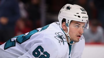 GLENDALE, AZ - JANUARY 16: Kevin Labanc #62 of the San Jose Sharks awaits a face off during the NHL game against the Arizona Coyotes at Gila River Arena on January 16, 2018 in Glendale, Arizona. The Sharks defeated the Coyotes 3-2 in an overtime shootout. (Photo by Christian Petersen/Getty Images)