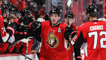 OTTAWA, ON - MARCH 22: Matt Duchene #95 of the Ottawa Senators celebrates his third period power-play goal against the Edmonton Oilers with teammate Thomas Chabot #72 at Canadian Tire Centre on March 22, 2018 in Ottawa, Ontario, Canada. (Photo by Jana Chytilova/Freestyle Photography/Getty Images)