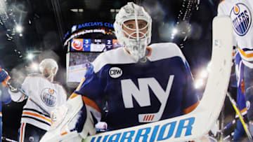 NEW YORK, NEW YORK - FEBRUARY 16: Robin Lehner #40 of the New York Islanders tends net against the Edmonton Oilers at the Barclays Center on February 16, 2019 in the Brooklyn borough of New York City. The Islanders defeated the Oilers 5-2. (Photo by Bruce Bennett/Getty Images)