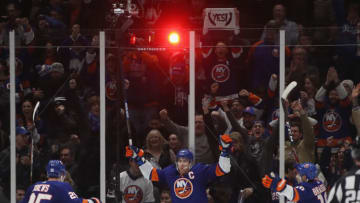 UNIONDALE, NEW YORK - JANUARY 06: Anders Lee #27 of the New York Islanders (C) celebrates his game winning goal against the Colorado Avalanche at 5:31 of the third period at NYCB Live's Nassau Coliseum on January 06, 2020 in Uniondale, New York. The Islanders shut-out to Avalanche 1-0. (Photo by Bruce Bennett/Getty Images)