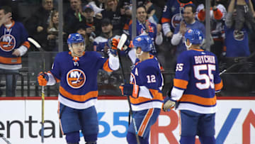 NEW YORK, NEW YORK - FEBRUARY 01: Michael Dal Colle #28 of the New York Islanders (L) celebrates his first period goal against the Vancouver Canucks at the Barclays Center on February 01, 2020 in the Brooklyn borough of New York City. (Photo by Bruce Bennett/Getty Images)