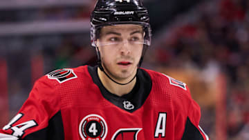 OTTAWA, ON - FEBRUARY 18: Jean-Gabriel Pageau #44 of the Ottawa Senators looks on during a break in a game against the Buffalo Sabres at Canadian Tire Centre on February 18, 2020 in Ottawa, Ontario, Canada. (Photo by Jana Chytilova/Freestyle Photography/Getty Images)