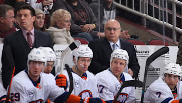GLENDALE, ARIZONA - DECEMBER 18: Head coach Barry Trotz of the New York Islanders watches from the bench during the third period of the NHL game against the Arizona Coyotes at Gila River Arena on December 18, 2018 in Glendale, Arizona. The Islanders defeated the Coyotes 3-1. (Photo by Christian Petersen/Getty Images)