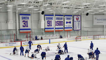 EAST MEADOW, NEW YORK - JULY 13: The New York Islanders skate in practice at the Northwell Health Ice Center on July 13, 2020 in East Meadow, New York. This is the first practice for the team since the NHL paused it's season due to the coronavirus pandemic. (Photo by Bruce Bennett/Getty Images)
