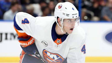Nov 8, 2018; Tampa, FL, USA; New York Islanders defenseman Thomas Hickey (4) during the third period at Amalie Arena. Mandatory Credit: Kim Klement-USA TODAY Sports