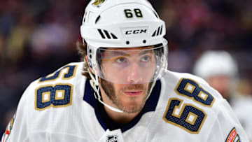 Feb 22, 2020; Las Vegas, Nevada, USA; Florida Panthers left wing Mike Hoffman (68) looks on during the third period against the Vegas Golden Knights at T-Mobile Arena. Mandatory Credit: Stephen R. Sylvanie-USA TODAY Sports