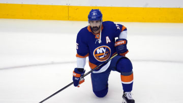 Aug 16, 2020; Toronto, Ontario, CAN; New York Islanders right wing Cal Clutterbuck (15) during warm up before game three of the first round of the 2020 Stanley Cup Playoffs at Scotiabank Arena. Mandatory Credit: John E. Sokolowski-USA TODAY Sports