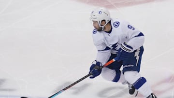 Aug 29, 2020; Toronto, Ontario, CAN; Tampa Bay Lightning forward Tyler Johnson (9) carries the puck against the Boston Bruins in game four of the second round of the 2020 Stanley Cup Playoffs at Scotiabank Arena. Mandatory Credit: John E. Sokolowski-USA TODAY Sports