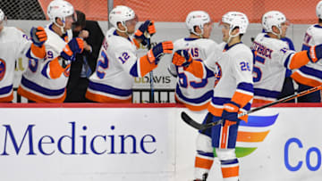 Mar 22, 2021; Philadelphia, Pennsylvania, USA; New York Islanders right wing Oliver Wahlstrom (26) celebrates his goal with teammates against the Philadelphia Flyers during the third period at Wells Fargo Center. Mandatory Credit: Eric Hartline-USA TODAY Sports