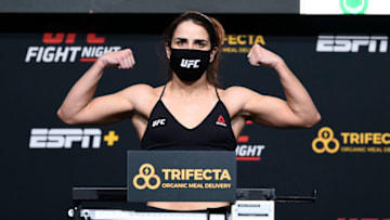 LAS VEGAS, NEVADA - NOVEMBER 27: Norma Dumont of Brazil poses on the scale during the UFC weigh-in at UFC APEX on November 27, 2020 in Las Vegas, Nevada. (Photo by Chris Unger/Zuffa LLC)