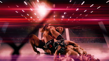 Hot atmosphere. Two professional fighters posing on the sport boxing ring. Couple of fit muscular caucasian athletes or boxers fighting. Sport, competition and human emotions concept.