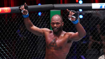 LAS VEGAS, NEVADA - AUGUST 23: Darrius Flowers reacts after his TKO victory over Amiran Gogoladze of Georgia in a welterweight fight during Dana White's Contender Series season six, week five at UFC APEX on August 23, 2022 in Las Vegas, Nevada. (Photo by Chris Unger/Zuffa LLC)