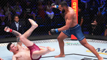 LAS VEGAS, NEVADA - AUGUST 16: (R-L) Claudio Ribeiro of Brazil knocks out Ivan Valenzuela of Mexico in a middleweight fight during Dana White's Contender Series season six, week four at UFC APEX on August 16, 2022 in Las Vegas, Nevada. (Photo by Chris Unger/Zuffa LLC)