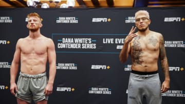 LAS VEGAS, NV- AUGUST 8: Bo Nickal (L) vs. Zach Borrego (R) face-off for the first time ahead of their Dana White Contender Series fight on August 8, 2022, at the Palace Station Casino in Las Vegas, NV. (Photo by Amy Kaplan/Icon Sportswire via Getty Images)