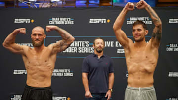 LAS VEGAS, NV- AUGUST 15: Thomas Paul (L) vs. Esteban Ribovics (R) face-off for the first time ahead of their Dana White Contender Series fight on August 15, 2022, at the Palace Station Casino in Las Vegas, NV. (Photo by Amy Kaplan/Icon Sportswire)