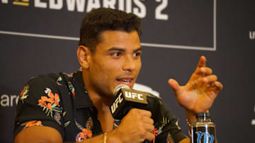 SALT LAKE CITY, UT - AUGUST 17: Paulo Costa speaks to the media during the UFC 278 media day on August 17, 2022, at the Hilton Salt Lake City Center in Salt Lake City, UT. (Photo by Amy Kaplan/Icon Sportswire)