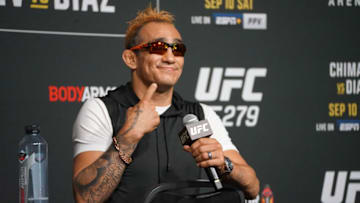 LAS VEGAS, NV - SEPTEMBER 7: Tony Ferguson speaks to the media during the UFC 279 media day on September 7, 2022, at the UFC APEX in Las Vegas, NV. (Photo by Amy Kaplan/Icon Sportswire)