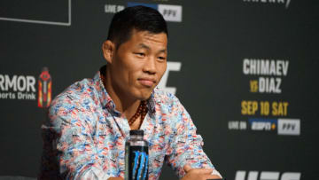 LAS VEGAS, NV - SEPTEMBER 7: Li Jingliang speaks to the media during the UFC 279 media day on September 7, 2022, at the UFC APEX in Las Vegas, NV. (Photo by Amy Kaplan/Icon Sportswire)