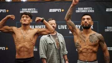 LAS VEGAS, NV- SEPTEMBER 19: Paul Rosas Jr. (L) vs. Mando Gutierrez (R) face-off for the first time ahead of their Dana White Contender Series fight on September 19, 2022, at the Palace Station Casino in Las Vegas, NV. (Photo by Amy Kaplan/Icon Sportswire)