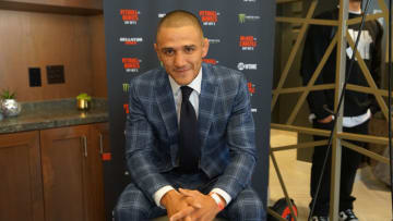 LOS ANGELES, CA - SEPTEMBER 29: Aaron Pico speaks to the media during the Bellator 286 media day on September 29, 2022, at the Sheraton Gateway Los Angeles Hotel in Los Angeles, CA. (Photo by Amy Kaplan/Icon Sportswire)
