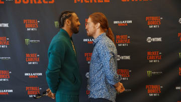 LOS ANGELES, CA - SEPTEMBER 29: AJ McKee (L) vs. Spike Carlyle (R) face-off for the first time ahead of their bout during the Bellator 286 media day on September 29, 2022, at the Sheraton Gateway Los Angeles Hotel in Los Angeles, CA. (Photo by Amy Kaplan/Icon Sportswire)