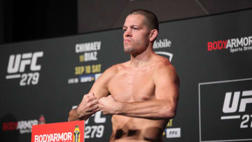 LAS VEGAS, NV - SEPTEMBER 9: Nate Diaz weighs in for their UFC 279 bout during the official weigh-ins on September 9, 2022, at the UFC APEX in Las Vegas, NV. (Photo by Amy Kaplan/Icon Sportswire)