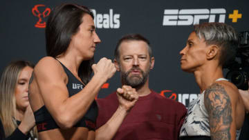 LAS VEGAS, NV - NOVEMBER 4: Marina Rodriguez (L) vs. Amanda Lemos (R) face-off for the first time ahead of their UFC Vegas 64 bout on November 4, 2022, at the UFC APEX in Las Vegas, NV. (Photo by Amy Kaplan/Icon Sportswire
