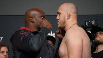 LAS VEGAS, NV - NOVEMBER 18: Derrick Lewis (L) vs. Serghei Spivac (R) face off for the first time ahead of their UFC Vegas 62 bout on November 18, 2022, at the UFC APEX in Las Vegas, NV (Photo by Amy Kaplan/Icon Sportswire)
