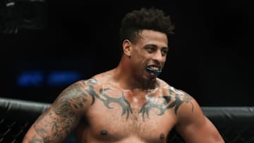 NEW YORK, NEW YORK - JANUARY 19: Greg Hardy waits as officials decide whether to disqualify him after an illegal move in heavyweights fight against Allen Crowder at UFC Fight Night at Barclays Center on January 19, 2019 in New York City. (Photo by Sarah Stier/Getty Images)