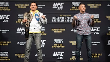 LAS VEGAS, NV - MARCH 01: UFC featherweight Champion Max Holloway, left, and Dustin Poirier during the UFC 236 press conference at the T-Mobile Arena in Las Vegas, NV, Friday, Mar. 1, 2019. They will fight for the interim UFC lightweight championship. (Photo by Hans Gutknecht/MediaNews Group/Los Angeles Daily News via Getty Images)