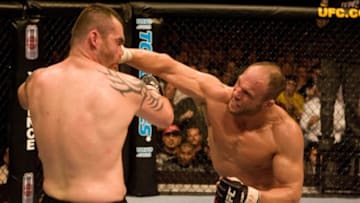 COLUMBUS, OHIO - MARCH 3: Randy Couture (red shorts) def. Tim Sylvia (camo/black shorts) - Unanimous Decision during UFC 68 at Nationwide Arena on March 3, 2007 in Columbus, Ohio. (Photo by Josh Hedges/Zuffa LLC via Getty Images)
