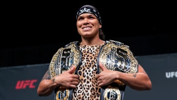 ATLANTA, GA - APRIL 12: Amanda Nunes of Brazil poses for photos during the UFC Seasonal Press Conference at State Farm Arena on April 12, 2019 in Atlanta, Georgia. (Photo by Carmen Mandato/Zuffa LLC via Getty Images)