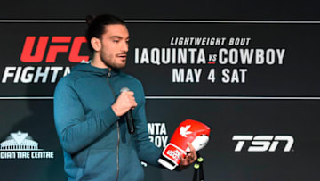 OTTAWA, ON - MAY 01: Elias Theodorou speaks to fans and media during the UFC Fight Night Open Workouts event at Barrymores Music Hall on May 1, 2019 in Ottawa, Ontario, Canada. (Photo by Minas Panagiotakis/Zuffa LLC/Zuffa LLC via Getty Images)