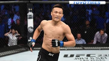GREENVILLE, SC - JUNE 22: Chan Sung Jung of South Korea celebrates his KO victory over Renato Moicano of Brazil in their featherweight bout during the UFC Fight Night event at Bon Secours Wellness Arena on June 22, 2019 in Greenville, South Carolina. (Photo by Josh Hedges/Zuffa LLC/Zuffa LLC via Getty Images)