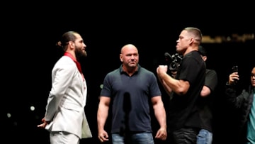 NEW YORK, NEW YORK - SEPTEMBER 19: Jorge Masvidal and Nate Diaz face off during a press conference ahead of UFC 244 at The Rooftop at Pier 17 on September 19, 2019 in New York City. (Photo by Michael Owens/Zuffa LLC/Zuffa LLC)