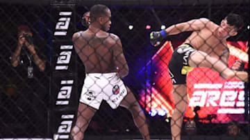 France's Taylor Lapilus (L) fights against Brasil's Breno Marcos during the Mixed Martial Arts (MMA) league ARES in Dakar, on December 14, 2019. (Photo by SEYLLOU / AFP) (Photo by SEYLLOU/AFP via Getty Images)