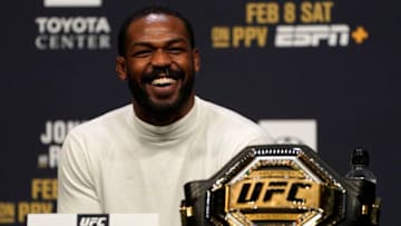 LAS VEGAS, NEVADA - DECEMBER 13: UFC light heavyweight champion Jon Jones interacts with media during the UFC 247 press conference at T-Mobile Arena on December 13, 2019 in Las Vegas, Nevada. (Photo by Jeff Bottari/Zuffa LLC)