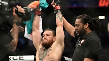 LAS VEGAS, NEVADA - JANUARY 18: Conor McGregor of Ireland celebrates after knocking out Donald Cerrone in their welterweight fight during the UFC 246 event at T-Mobile Arena on January 18, 2020 in Las Vegas, Nevada. (Photo by Chris Unger/Zuffa LLC)