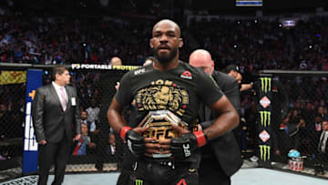 HOUSTON, TEXAS - FEBRUARY 08: Jon Jones celebrates his victory over Dominick Reyes in their light heavyweight championship bout during the UFC 247 event at Toyota Center on February 08, 2020 in Houston, Texas. (Photo by Josh Hedges/Zuffa LLC via Getty Images)