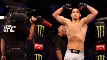 GLENDALE, ARIZONA - JUNE 12: Nate Diaz enters the octagon to fight Leon Edwards of Jamaica during their UFC 263 welterweight match at Gila River Arena on June 12, 2021 in Glendale, Arizona.