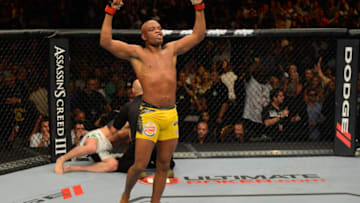 LAS VEGAS, NV - JULY 7: Anderson Silva reacts after knocking out Chael Sonnen during their UFC middleweight championship bout at UFC 148 inside MGM Grand Garden Arena on July 7, 2012 in Las Vegas, Nevada. (Photo by Donald Miralle/Zuffa LLC/Zuffa LLC via Getty Images)
