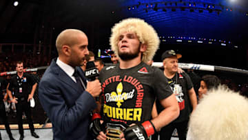 ABU DHABI, UNITED ARAB EMIRATES - SEPTEMBER 07: Khabib Nurmagomedov of Russia is interviewed after his submission victory over Dustin Poirier in their lightweight championship bout during UFC 242 at The Arena on September 7, 2019 in Yas Island, Abu Dhabi, United Arab Emirates. (Photo by Jeff Bottari/Zuffa LLC/Zuffa LLC via Getty Images)