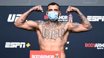 LAS VEGAS, NEVADA - AUGUST 21: In this handout image provided by UFC, Daniel Rodriguez poses on the scale during the UFC Fight Night weigh-in at UFC APEX on August 21, 2020 in Las Vegas, Nevada. (Photo by Chris Unger/Zuffa LLC via Getty Images)