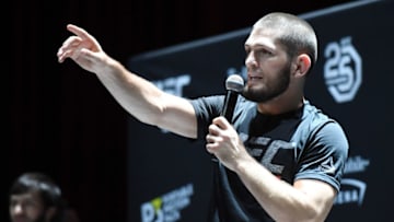 LAS VEGAS, NV - OCTOBER 03: UFC lightweight champion Khabib Nurmagomedov speaks during an open workout for UFC 229 at Park Theater at Park MGM on October 03, 2018 in Las Vegas, Nevada. Nurmagomedov will defend his title against Conor McGregor at UFC 229 on October 6 at T-Mobile Arena in Las Vegas. (Photo by Ethan Miller/Getty Images)